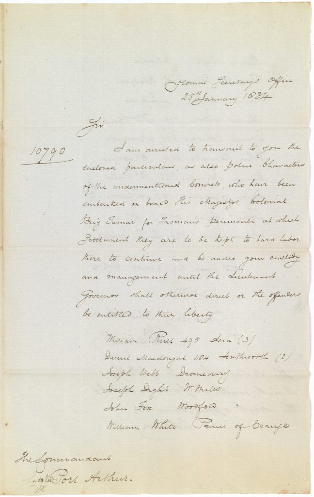 An old letter. It is addressed to the colonial secretary to the commandant, Port Arthur.