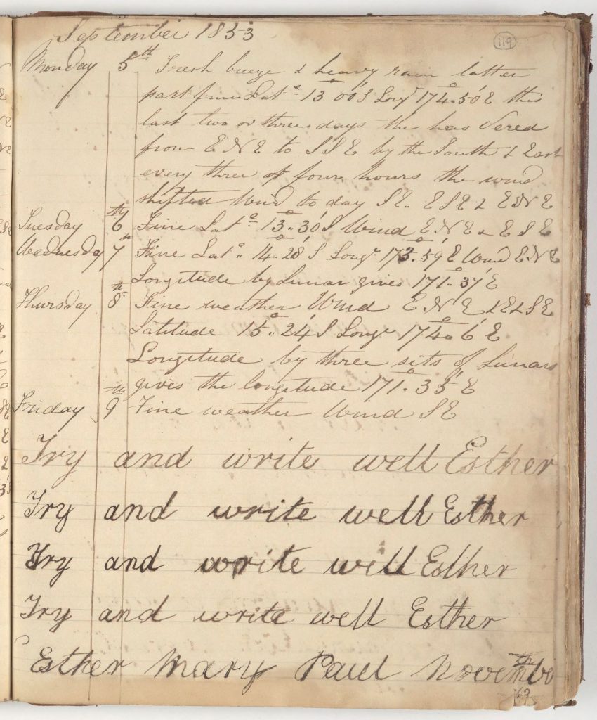 An old page with cursive text on it. Wirting towards the bottom of the page reads: "Try and write well Esther" repeated 4 times. Text at the bottom of the page reads: Esther Mary Paul November"