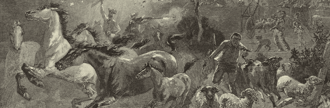 A drawing of animals running from a battle where convicts attack settlers.