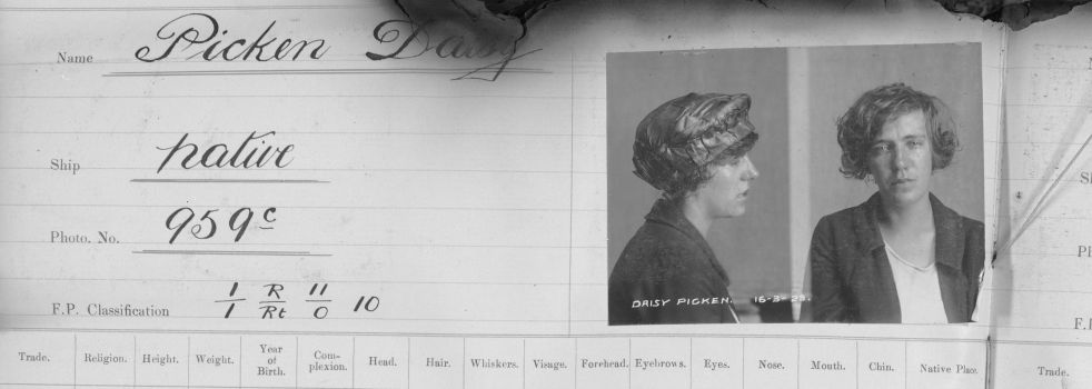 Part of a person's record. includes a photo form front and side on. Text reads "Name: Picken Daisy. Ship: Native. Photo no. 959c"