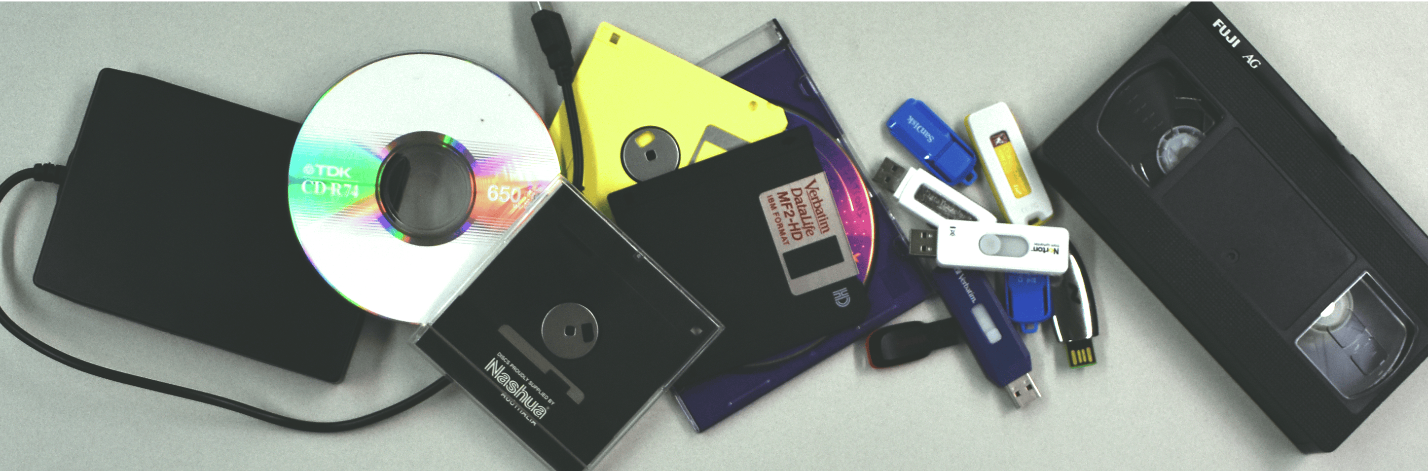 Digital storage devices, including External hard drives, CD's floppy disks, USB's and a video tape.