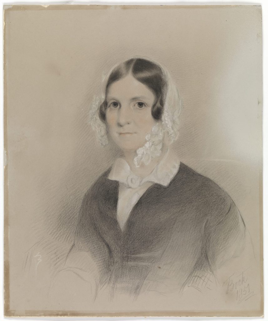 A painted portrait of a woman wearing a white bonnet.