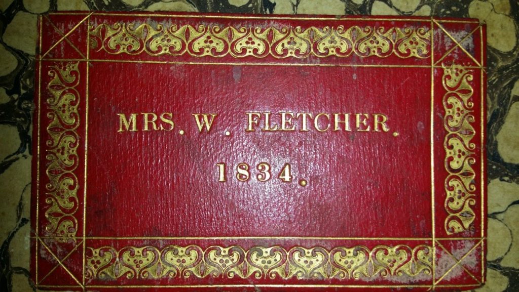 Front cover of a book. The title reads: "Mrs. W. Fletcher. 1834.