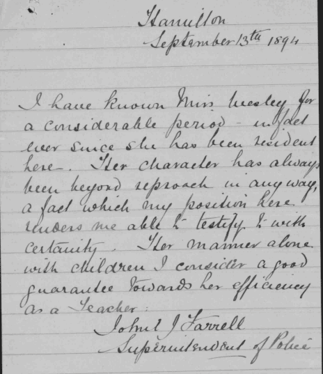 A reference letter in support of Flora Wesleys application. Text illegible