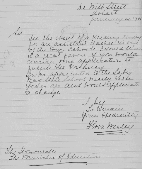 A letter from Flora Wesley to the Minister of Education. Text illegible