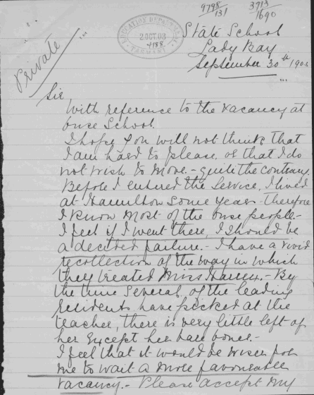 A letter from Flora Wesley to the Minister of Education. Text Illegible