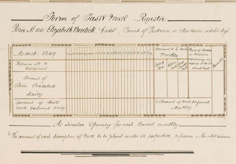Part of the chart detailing the revised scale of task = work. Text reads: “ Form of task work register. Police no 100 Elizabeth Bentick, Cadet, Period of probationer sentence ordered days”. A table shows dates and columns for the amount of work done that day. Some text illegible. Text at the bottom reads: “A similar opening for each convict monthly. The amount of each description of work to be placed under its respective reference number”