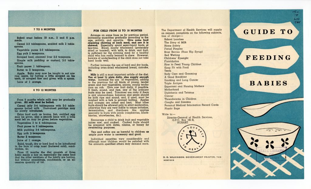 A pamphlet with a title of "Guide to feeding babies"