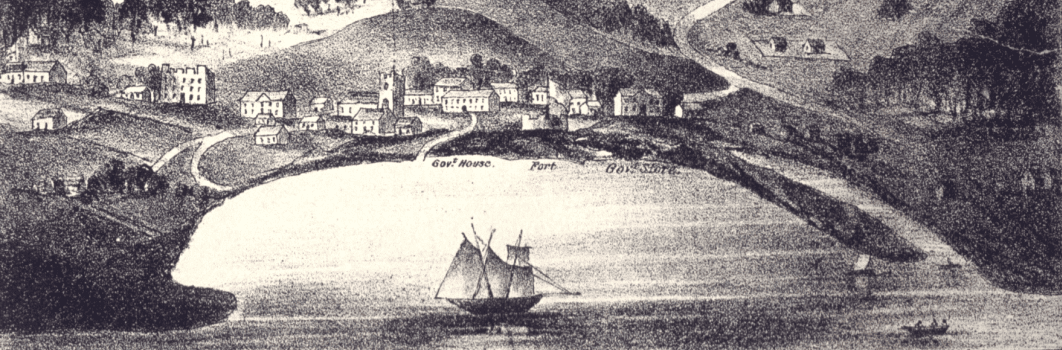 A drawing of a sailing boat sitting on the water in a bay with some buildings on the shore.