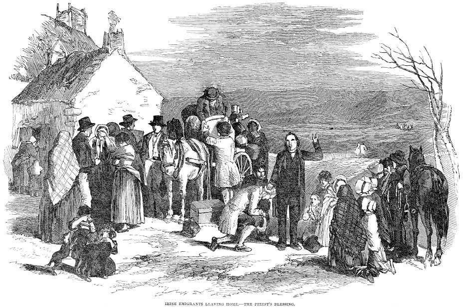 A sketch of a group of people standing next to a house. some are loading up a horse and cart. A priest is giving a blessing to a man on one knee. Text at the bottom of the image reads: "Irish immigrants leaving home - the priests blessing".