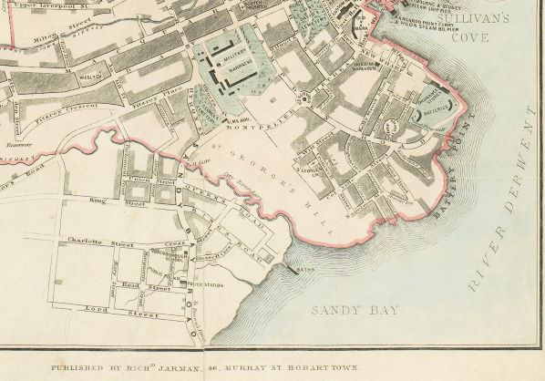 An old map of Hobart Town. Text below the map reads: "Published by Rich Jarman. 46 Murray St Hobart town."