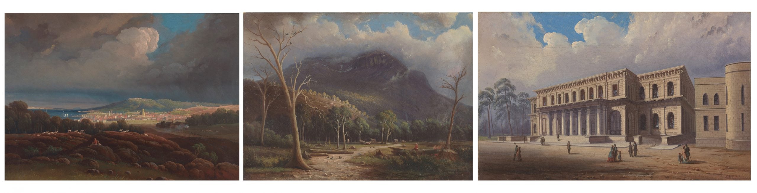 three paintings made by Knud Geelmuyden Bull painted between 1853 and 1856. the first painting: Looking over hobart town from atop a hill on a cloudy day. the second picture: A dirt road beneath mount wellington, there are trees along the path on a cloudy day, some are chopped down. The third picture. a Proposed Royal Exchange Building, 2 stories tall, made of white ston with tall windows and a wide set of stairs to the entrance.