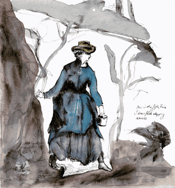 A watercolour painting of a lady stepping through the bush.