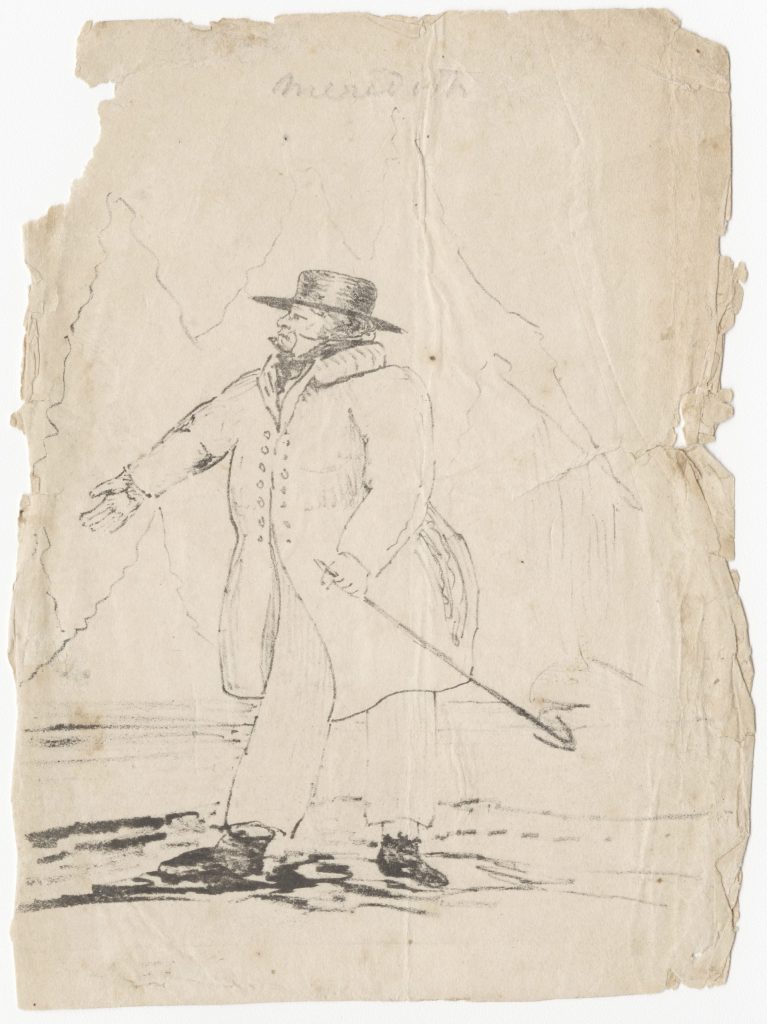 A drawing of a man in a hat and coat on old paper.