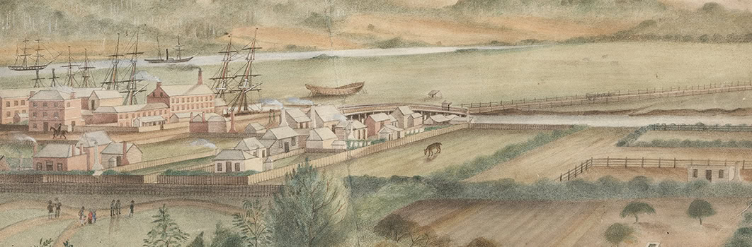 a painting of the Launceston Tamar Bridge area by Sarah Fogg. There is farmland next to some buildings, you can see ships on a river in the background
