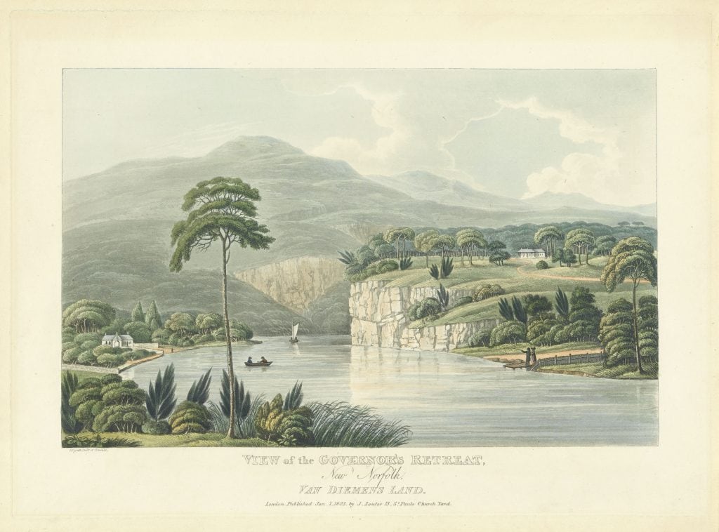 A painted picture of a river. A house sits on the left shore. A house sits utop a clif to the right of the river. a mountain in the distance.