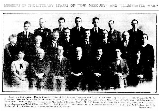 A group of people posing for a photo. The title reads: "Members of the literary staffs of The Mercury and Illustrated Mail".
Text at the bottom is partially legible.