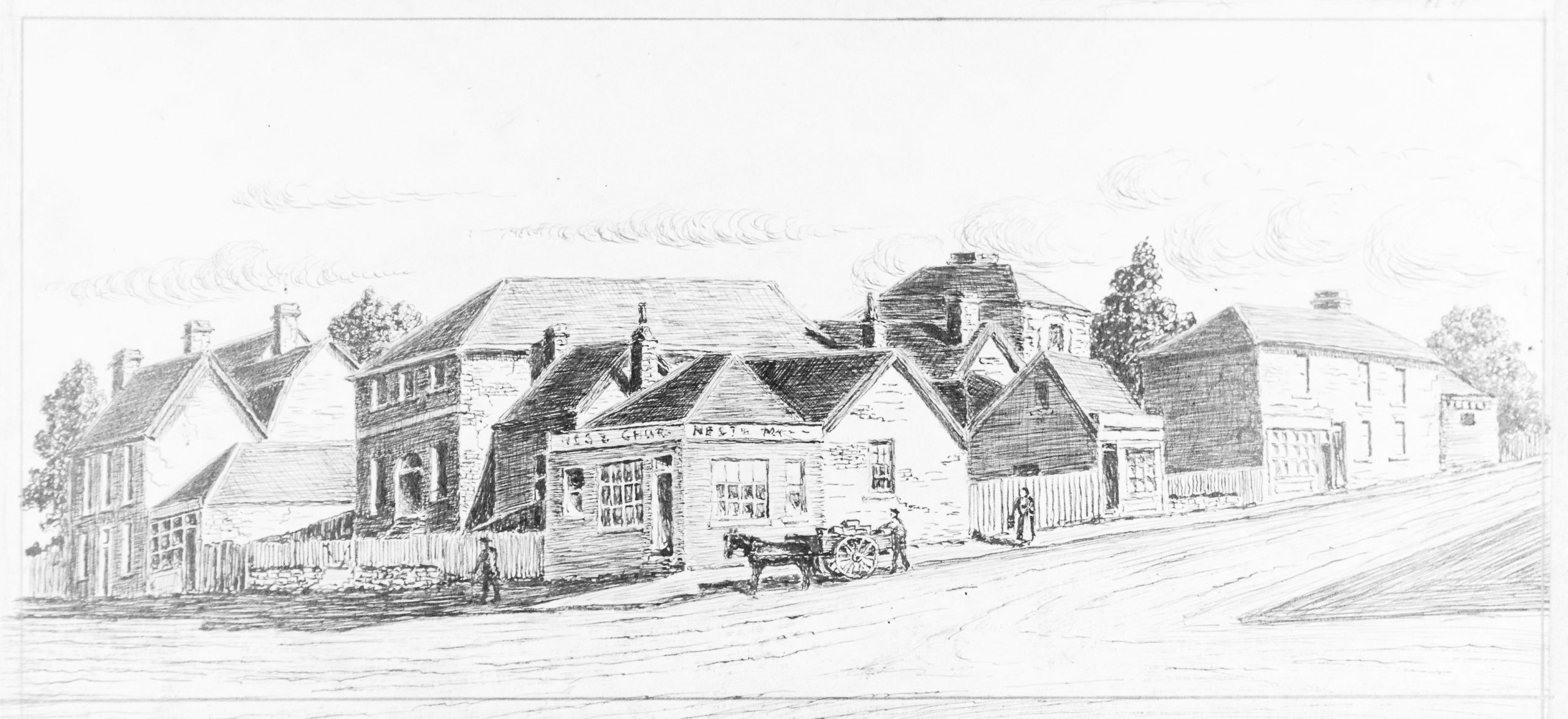 A drawing of some houses seen from the street. a horse and cart sits outside one house.