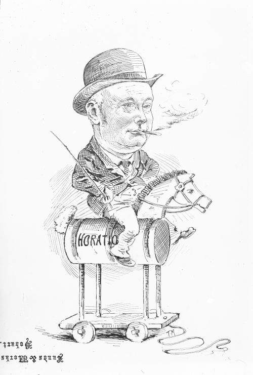 A drawing of a man riding a wooden horse. The text on the horse reads "Horatio".