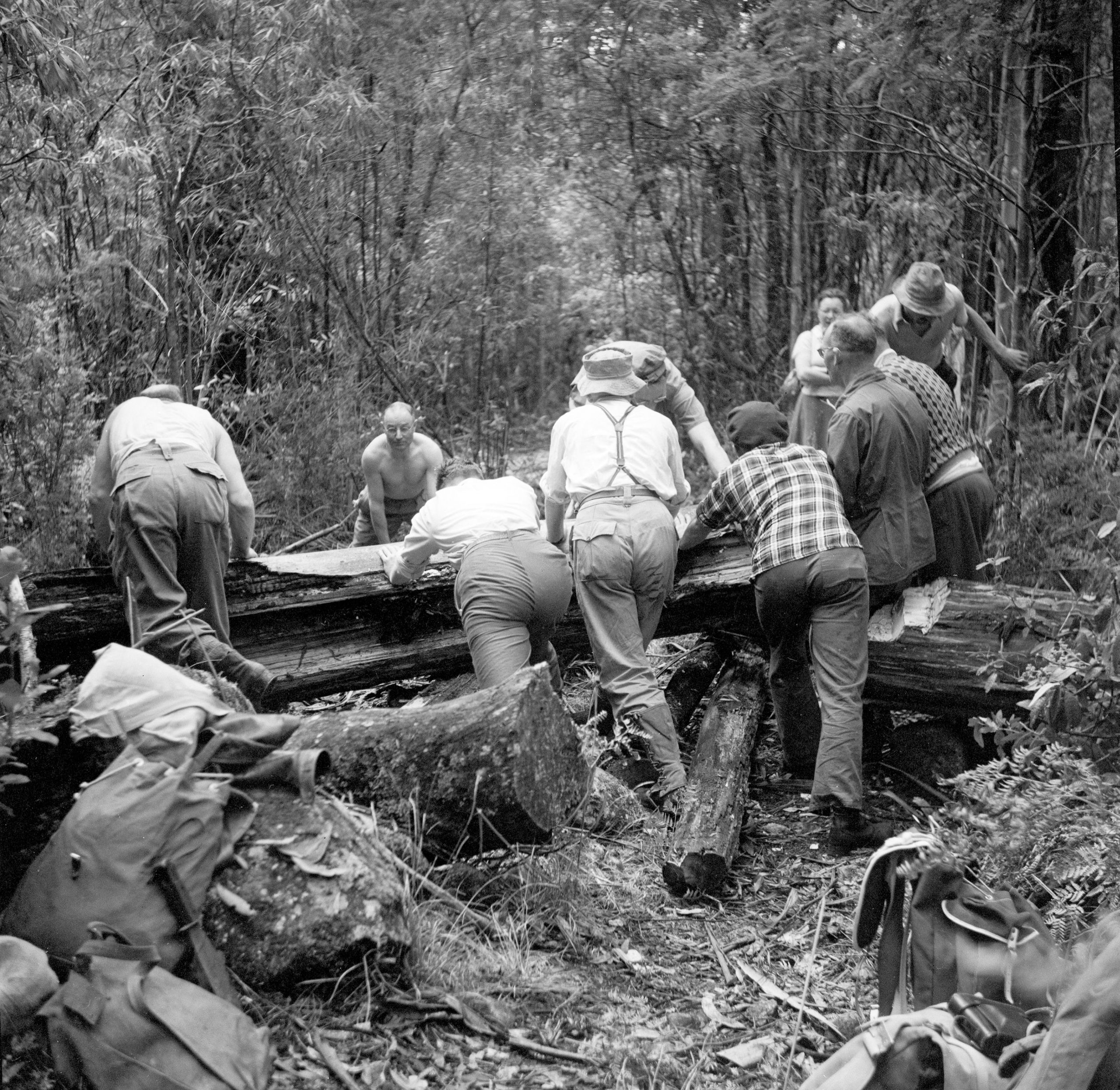 an old blakc and white photo of several ment working to move a recently