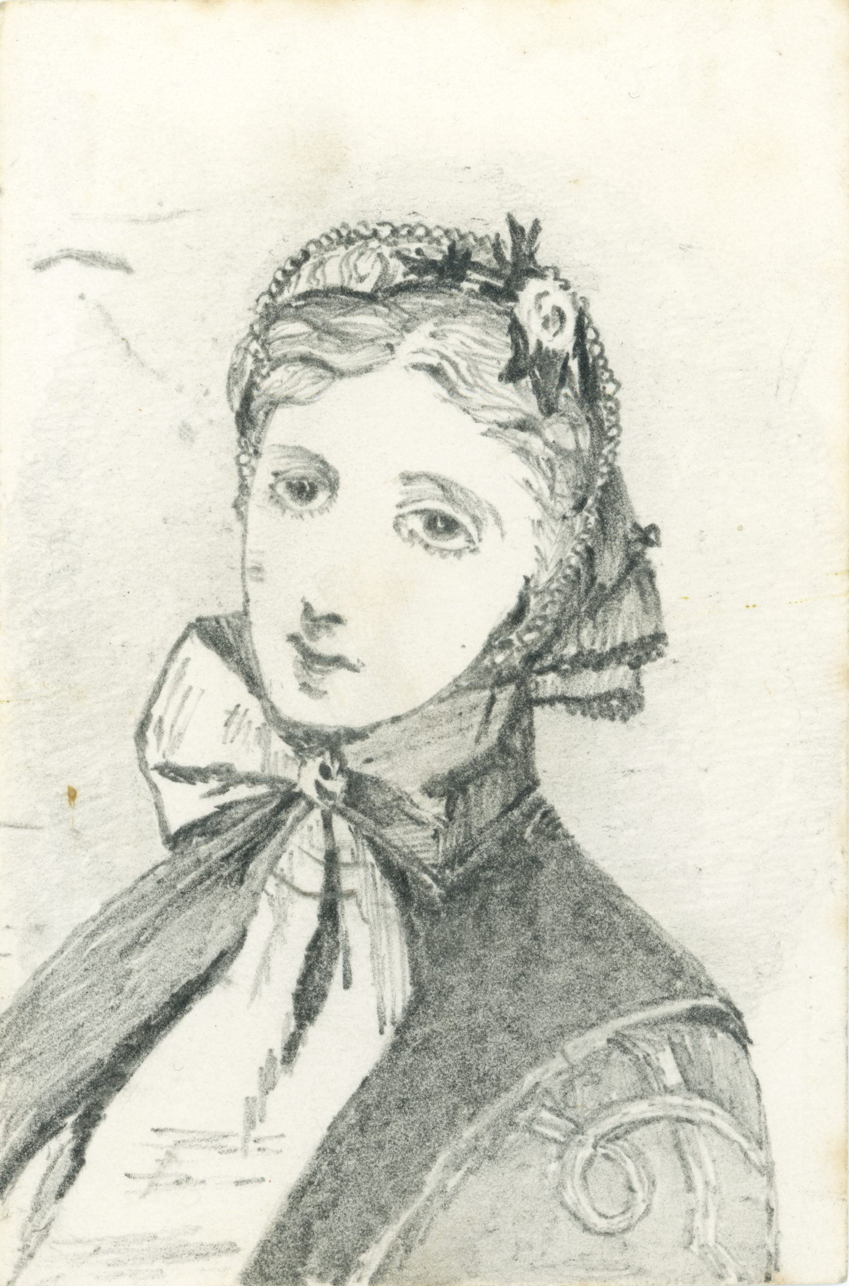 A pencil drawing of a lady in a bonnet