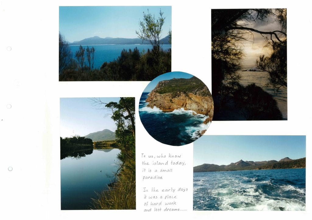 5 images and some text. Text reads: “To us, who know the island today it is a small paradise. In the early days it was a place of hard work and lost dreams…” First image. A lake with a mountain in the distance. Second image. A river with a mountain the distance. Third image. A seaside cliff with waves crashing onto the side. Fourth image. Lake seen through tree branches at sunset on a cloudy day. Fifth image. Land and mountains seen from the water.