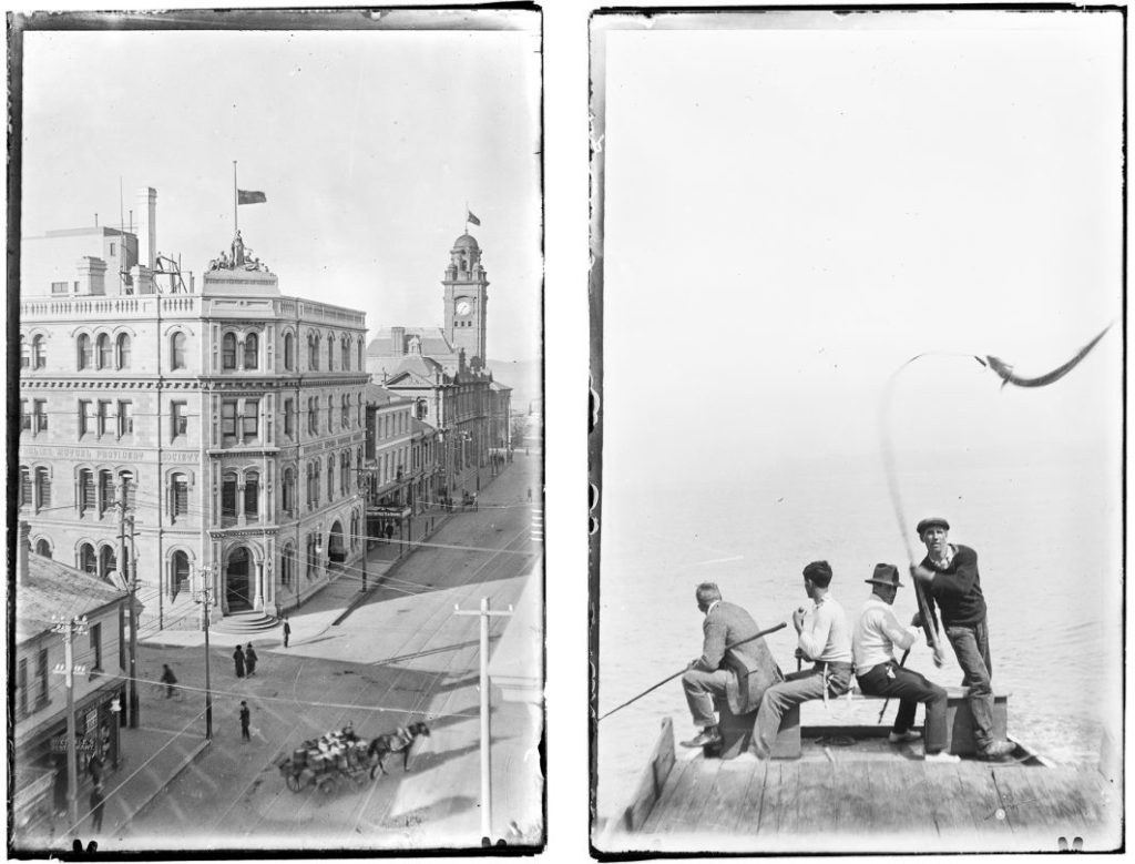 2 old black and white photos. The left image shows a 4-story stone building along a street in Hobart. the second image shows 4 men fishing on a pier. one has caught a fish.