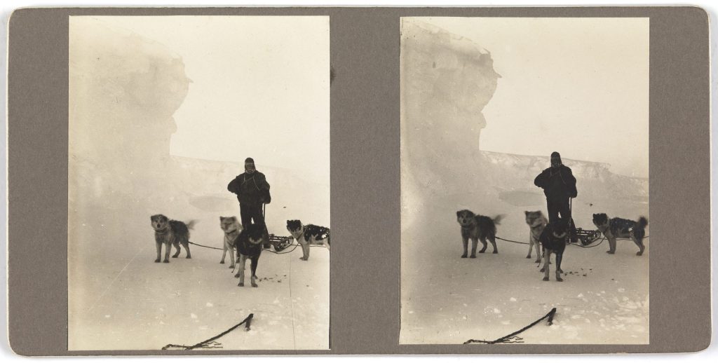 2 old black and white photos of a man in the Antarctic with 4 training dogs and a sled. both images are the same