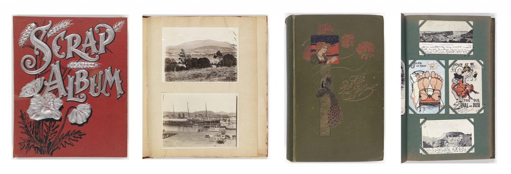 4 examples of items that have been digitised.
The first is a cover of a scrap album. The cover reads “scrap album” in large silver text.
The second image is a page from a book that shows 2 black and white photos; one of a landscape and river, and another of a dock along a river.
The third shows a book with flowers on the cover and a photo of a woman and a peacock
The fourth is a collection of photo’s form a photo album