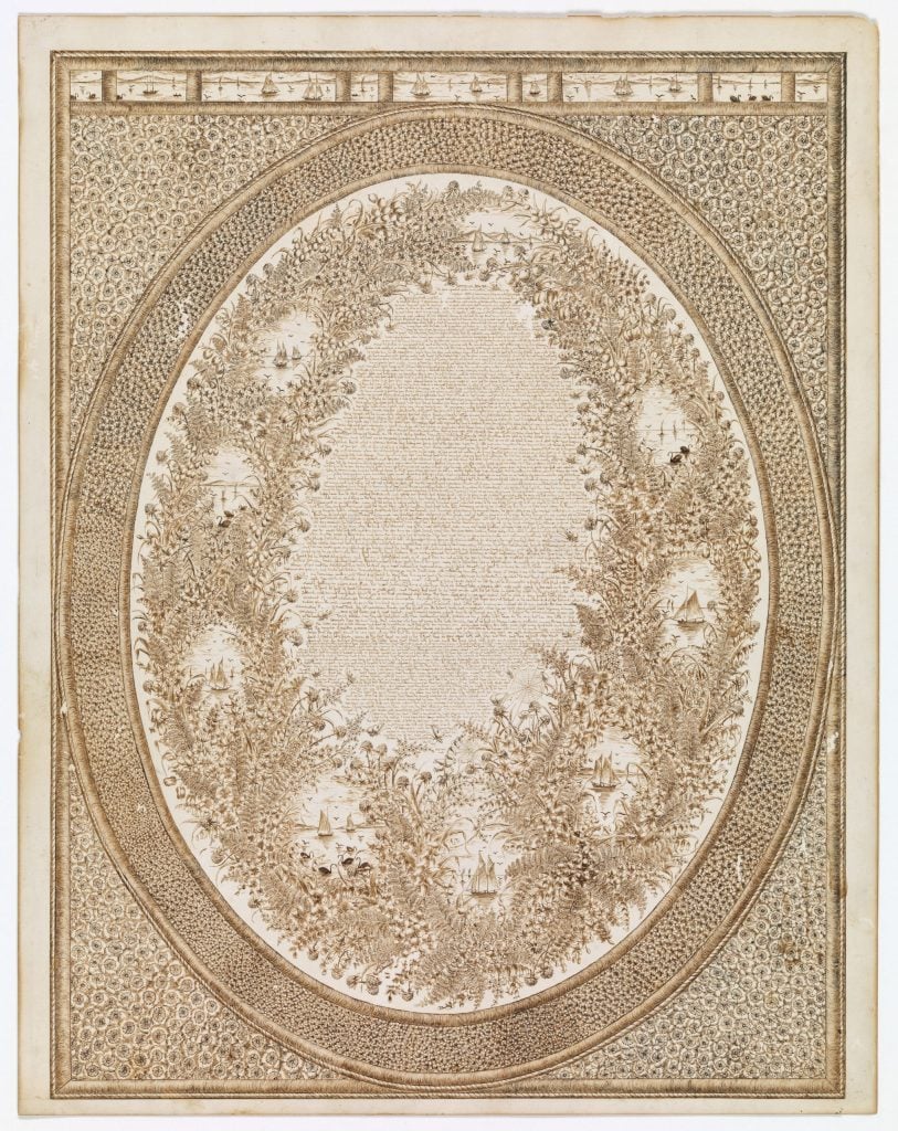 An old Illustrated Travelogue poster. The edges are decorated with flowers with a few ships in between the flowers. The centre contains a large sprawl of small text.