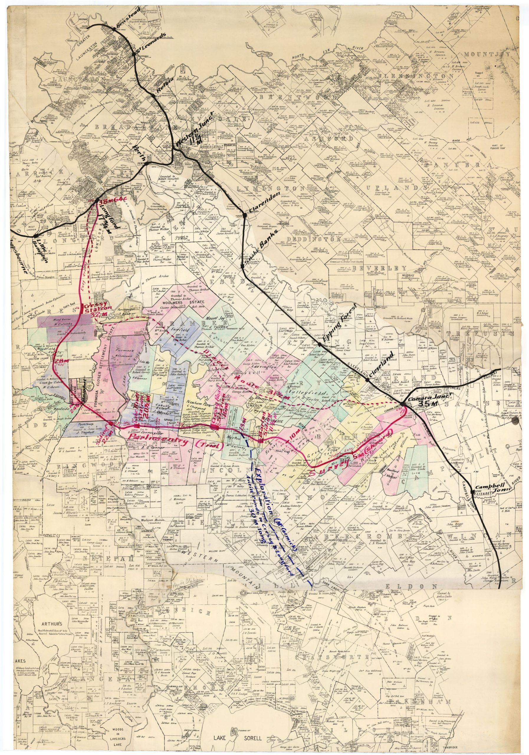 A map of northern Tasmania, existing railway lines and a proposed railway line are highlighted.