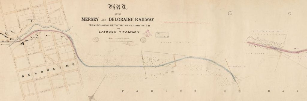 A map. The title reads: "plan of the Mersey and Deloraine railway. form Delorain to the junction with the latrobe tramway