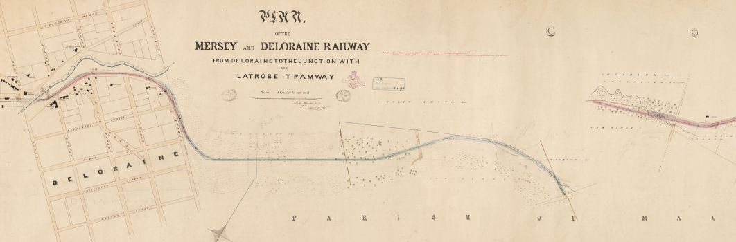 A map. The title reads: "plan of the Mersey and Deloraine railway. form Delorain to the junction with the latrobe tramway
