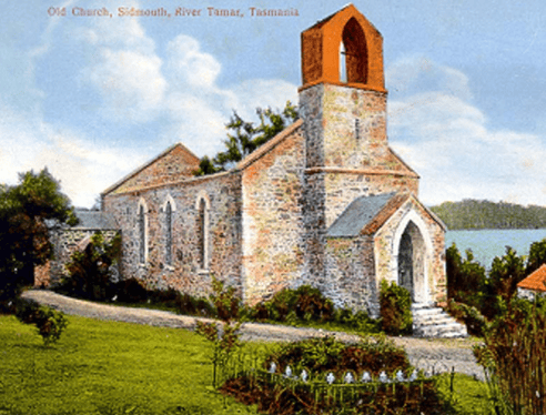 Postcard Sidmouth Church on banks of Tamar River