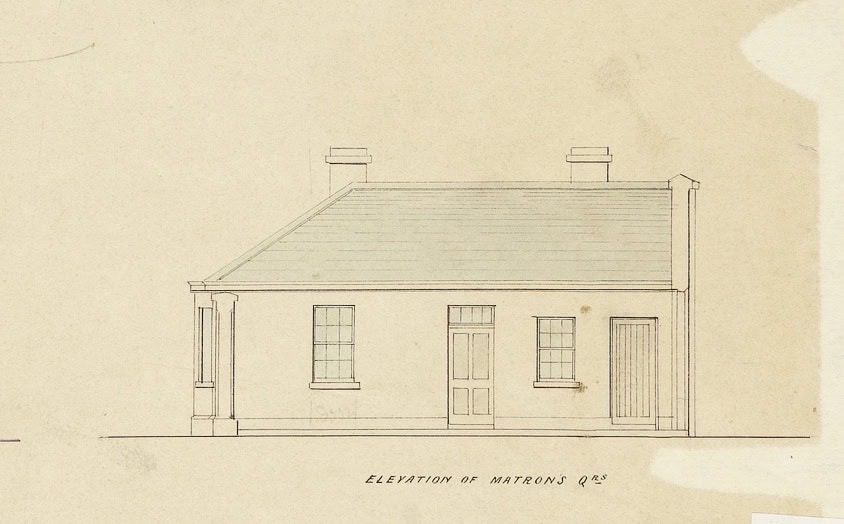 A diagram of a house on paper that shows the elevation of a cottage. Text at the bottom reads: "elevation of matron's Qrs"
