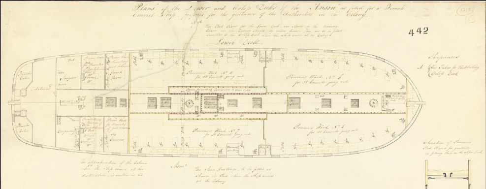 Plans for the ship HMS Anson. lower & orlop decks fitted out for a female convict ship