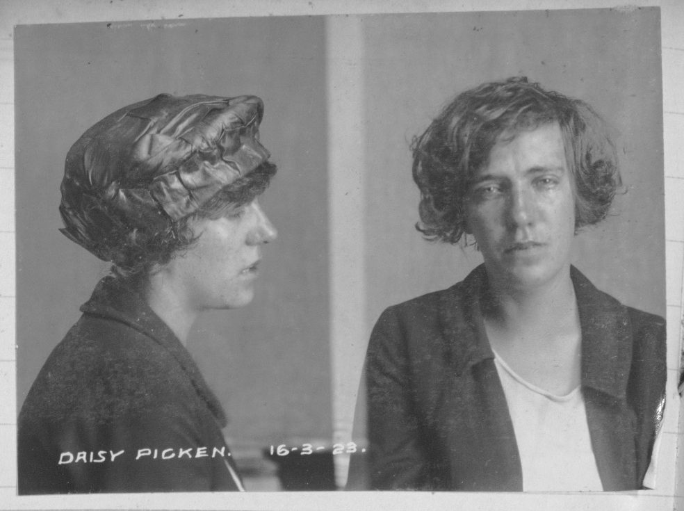 A black and white mugshot of Daisy Picken. One photo facing to the right and one facing forward