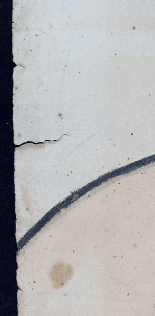 A close up of the damage to the drawing. Spots and a tear along the edge.