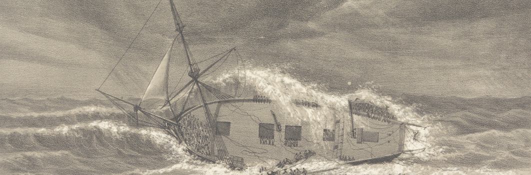 A drawing of a sailing ship on the ocean being overturned by a wave