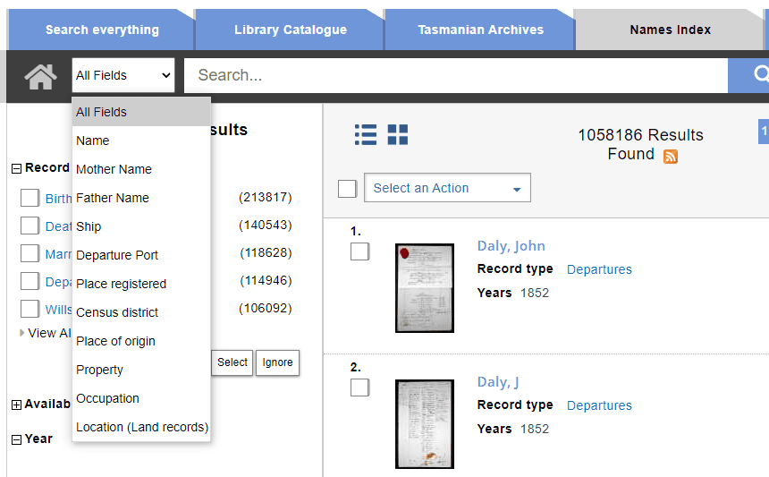 In the name index tab, expand the All Fields drop-down list and select an entry