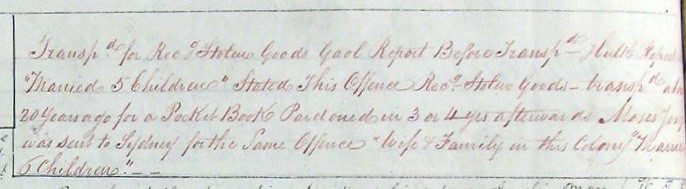 A Conduct record of Isaac Solomon. It reads"Transported for receiving stolen goods Gaol report Before transported Hulk report Married 5 children Stated this offence Received stolen goods transported about 20 years ago for a pocketbook Pardoned in 3 or 4 years afterwards as Moses Joseph was sent to Sydney for the same Offence Wife and family in this Colony. Married six children"