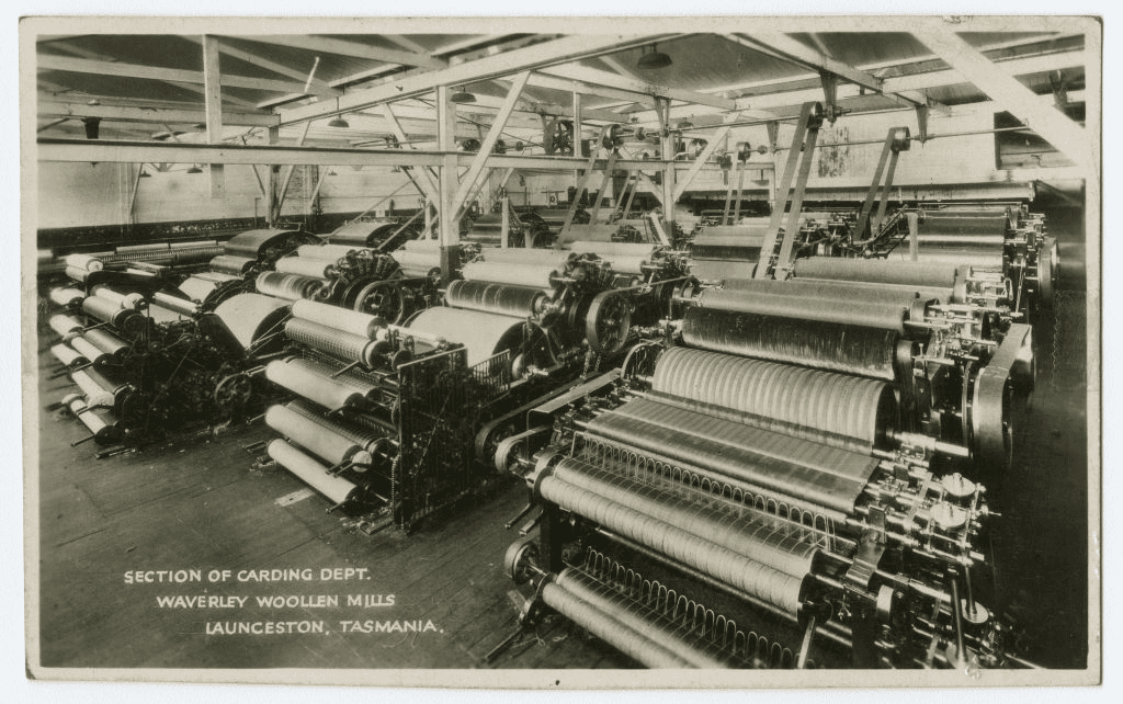 An old photograph of the Carding department of the Waverley Woollen Mills, Launceston, Tasmania. depicting machinery for wool