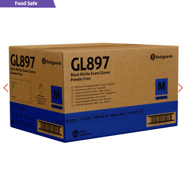 Bodyguards GL897 Black Nitrile Powder Free Examination Glove (10 x 100  Gloves)
