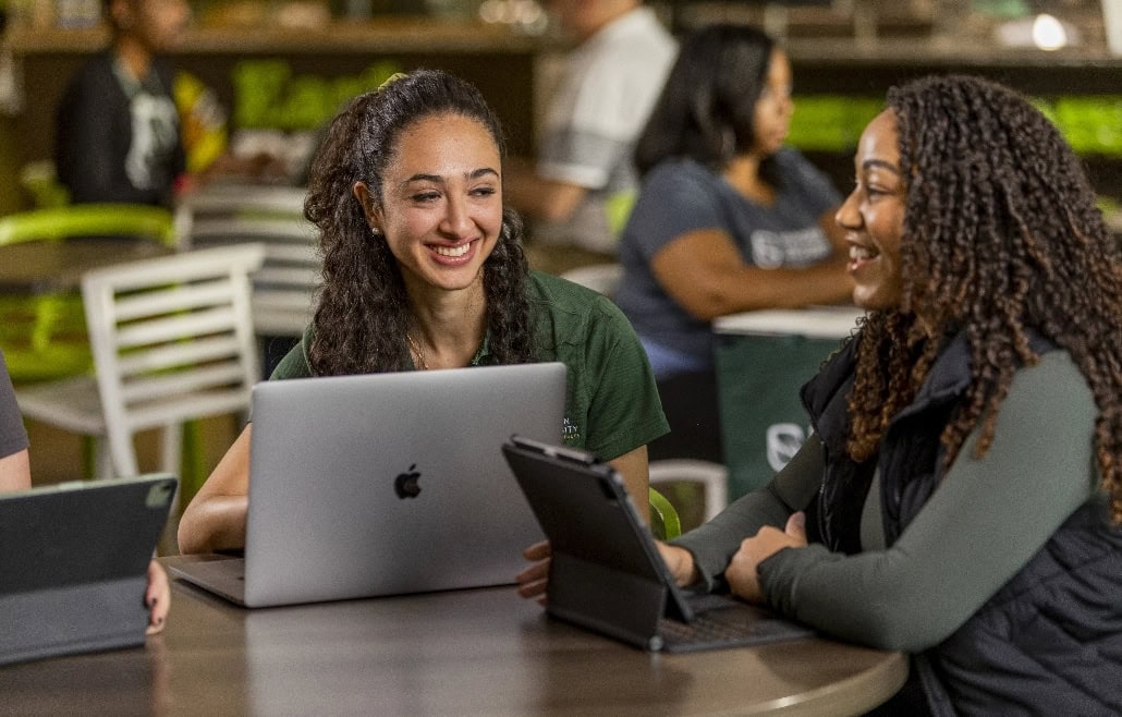 Students talking and working in the Cafe