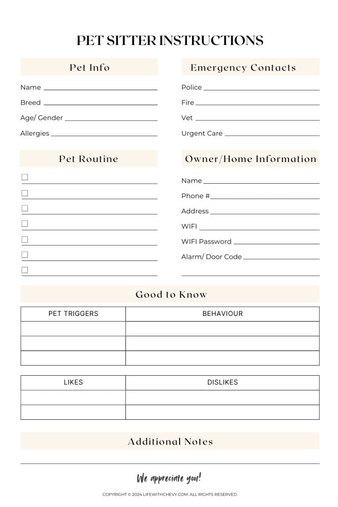 Free Printables - Life with Chevy for Free Printable Pet Sitter Checklist