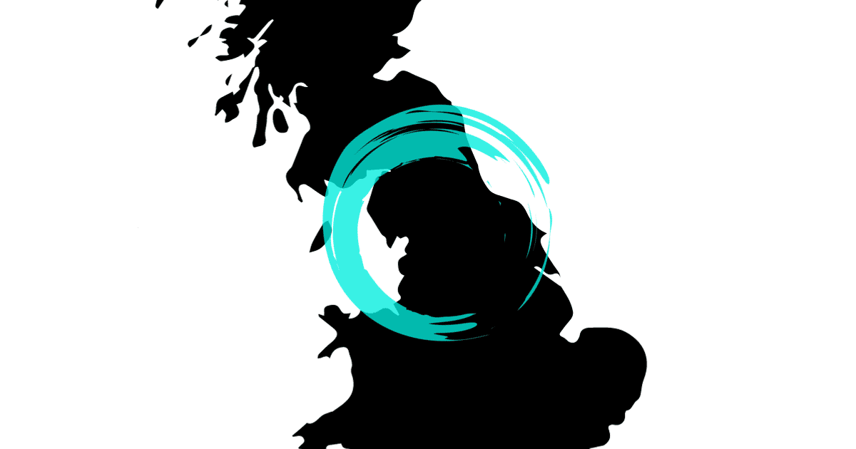 Silhouette of Great Britain with a turquoise circular brushstroke overlay centered on the northern part. The artistic design contrasts black and turquoise against a white background.