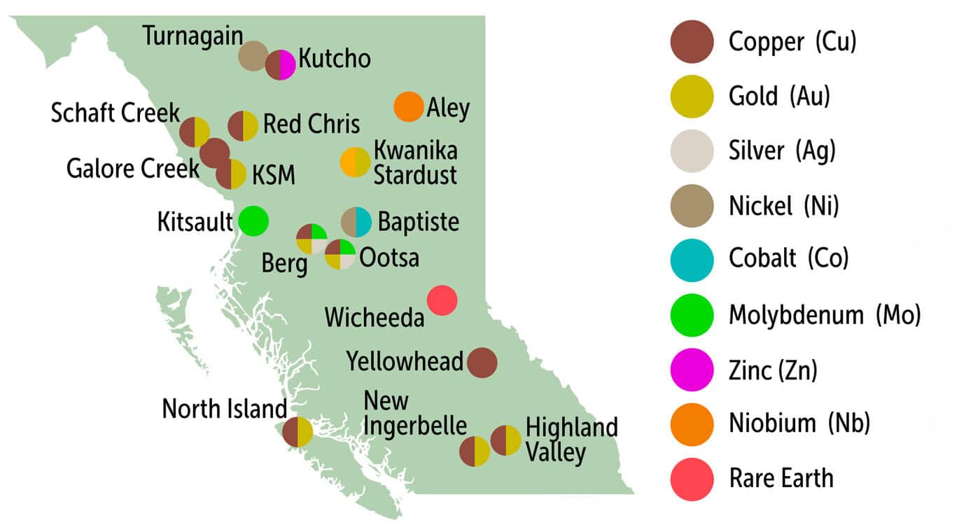 A map of B.C. showing the names and locations of 17 proposed mines and the minerals they are targeting.