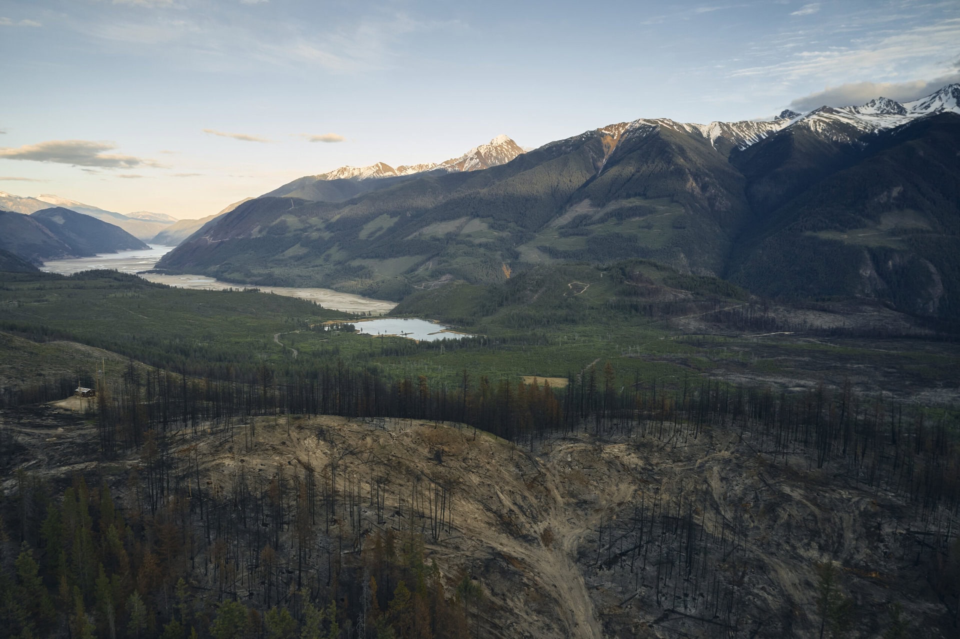 Wildfire salvage logging with a view of the mountains in B.C.'s interior
