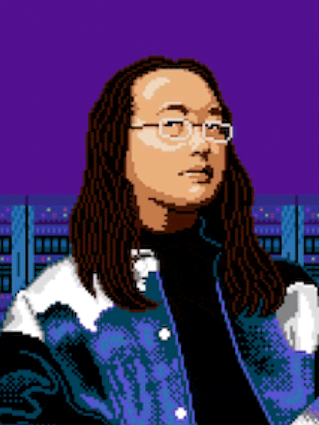 Pixel art of a person with long hair and glasses, wearing a black and white jacket over a black shirt. The background features a blue and purple geometric design.
