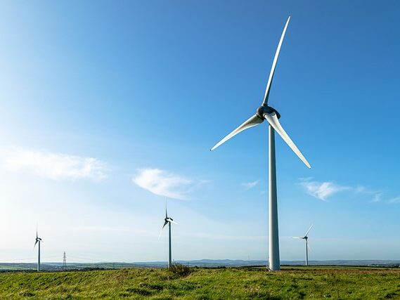 Delabole wind farm on a clear, sunny day.